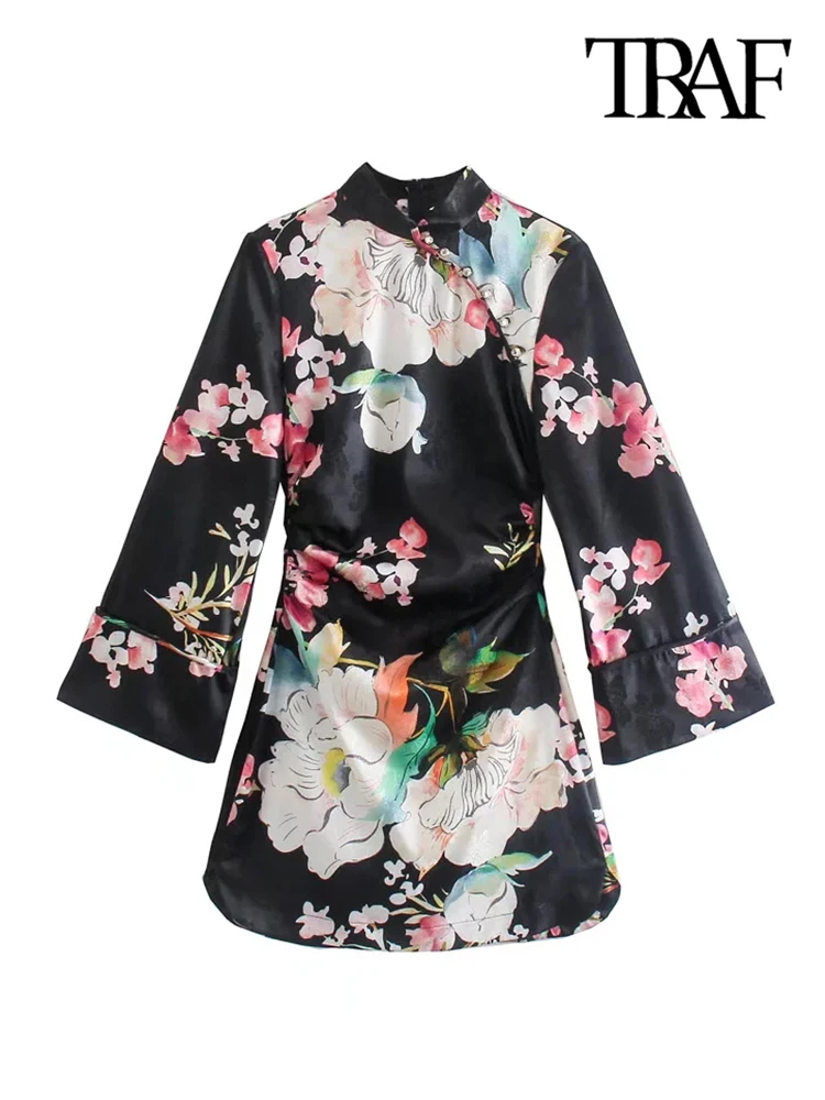 

Платье-мини на пуговицах спереди с цветочным принтом и длинным рукавом