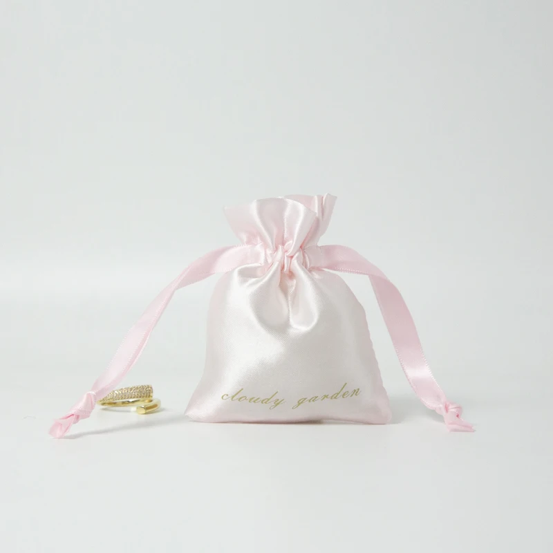 Custom Pink Silk Satin Jewelry Pouches Drawstring Bag with Ribbon Lipgloss Cosmetics Storage Party Gift Packaging Bags 50pcs