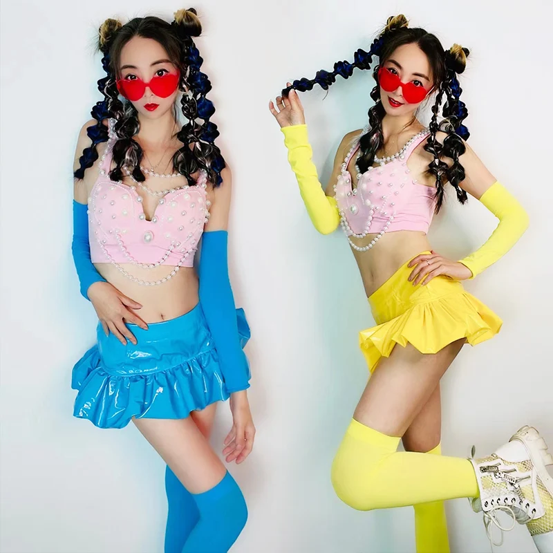 

Костюм для джазовых танцев, топы с жемчугом, юбка из искусственной кожи, наряд, одежда для ночного клуба, бара, Одежда для танцев на шесте, пикантная одежда для чирлидинга для взрослых, VDB6550