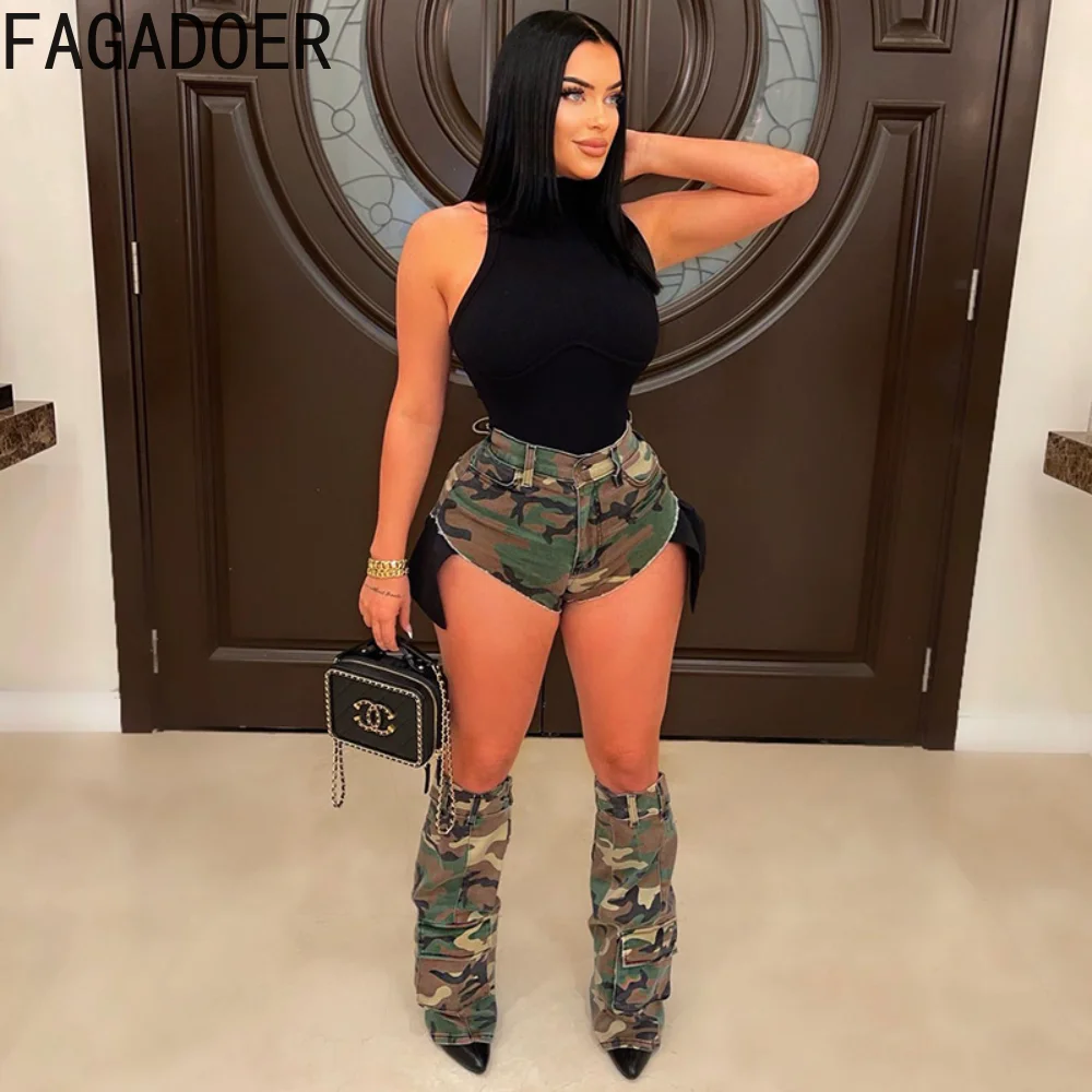 FAGADOER Summer Camouflage Print Sexy Shorts Outfits For Women 2023 High Waist Y2K Patchwork Slit Shorts Party Club Shorts