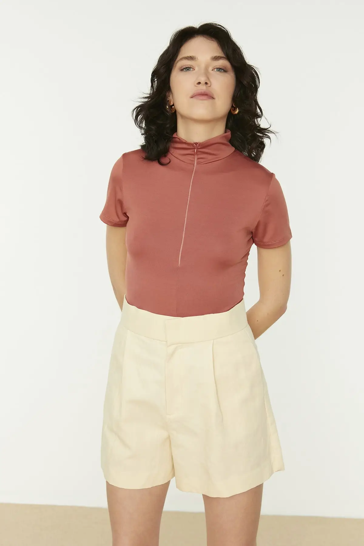 

Women's Bodysuit Cinnamon Zipper Stand Up Collar Snap Knitted Rompers Jumpsuits shath Skinny Summer Streetwear