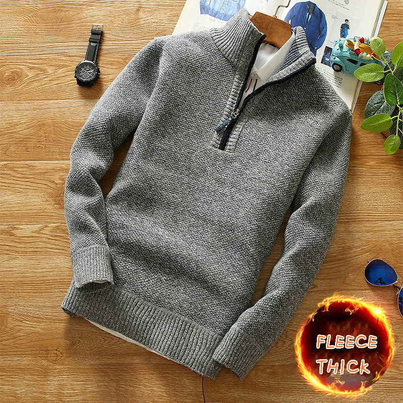 

2021Winter Men's Fleece Thicker Sweater Half Zipper Turtleneck Warm Pullover Quality Male Slim Knitted Wool Sweaters for Spring