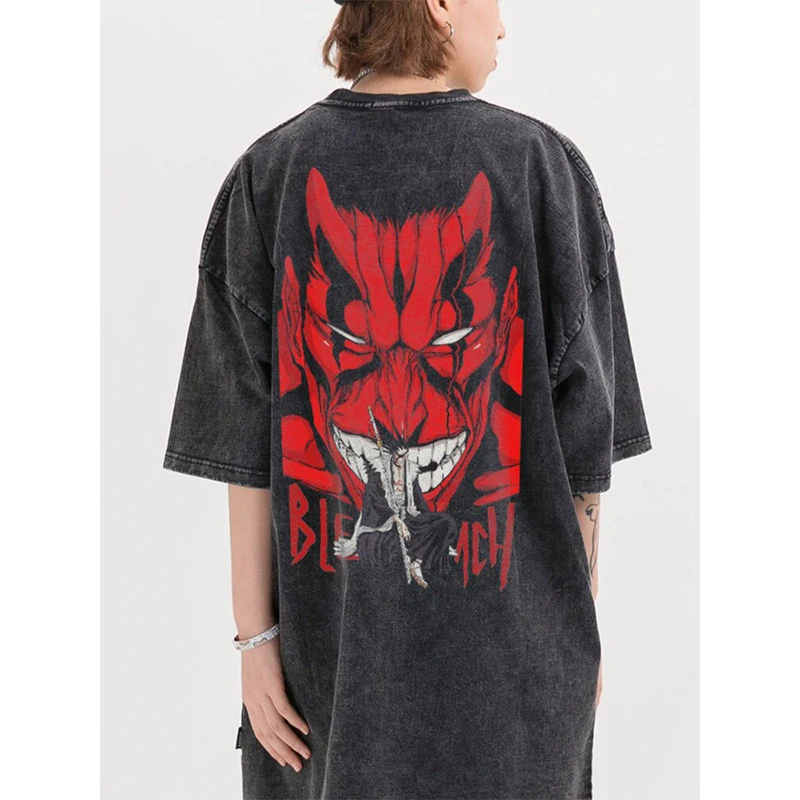 

Anime Zaraki Kenpachi Print T Shirt Men Women 100% Cotton Punk Harajuku Vintage Wash Short Sleeve Top Men Clothing
