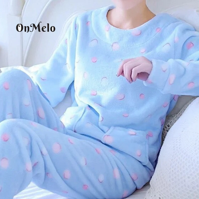 OnMelo Women Pajamas Cute Print Warm Flannel Pyjamas Sets Thin Coral Velvet Long Sleeve+Pants Fall Winter Casual Sleepwear