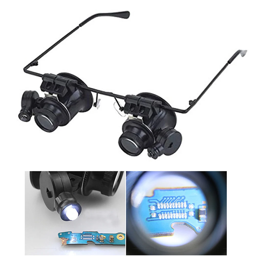 

20X Double Eye Loupe Head Wearing Magnifier Eye Glasses Loupes with LED Light Headband Jeweler Watch Repair Loupe