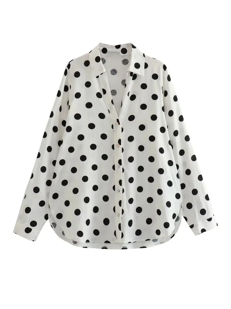 

Женская свободная рубашка в горошек, с длинным рукавом и пуговицами