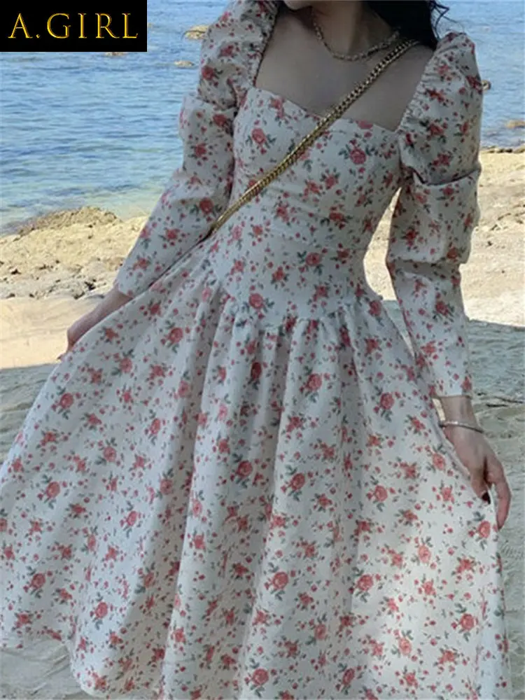 

A GIRLS Elegant Floral Dress for Women 2023 New Fashion Fairycore Square Collar Long Sleeve Y2k Dress Elegant Chic Sweet Vintage