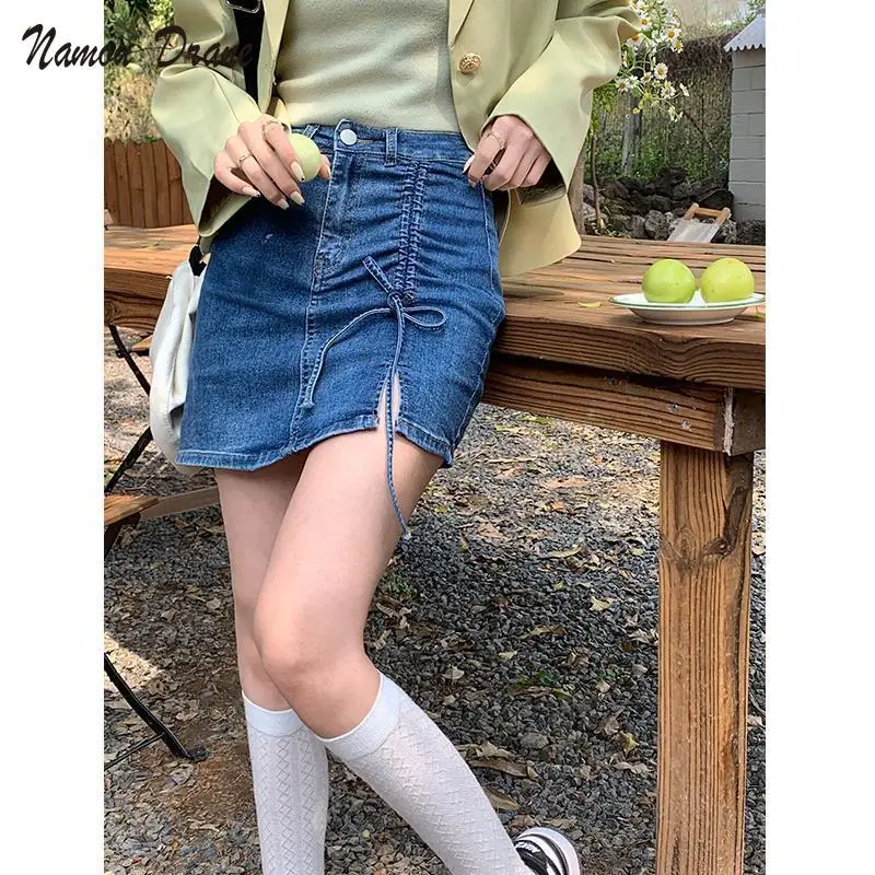 

Namou Drane Denim Skirt Female 2022 Summer New Korean Version of The Niche Design of High Waist A-word Slit Rope Skirt