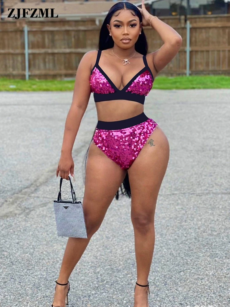 

Sexy Pink Sequin Splicing Two Piece Short Sets Deep V Neck Sleeveless Camisole Crop Top and High Waist Shorts Birthday Outfits