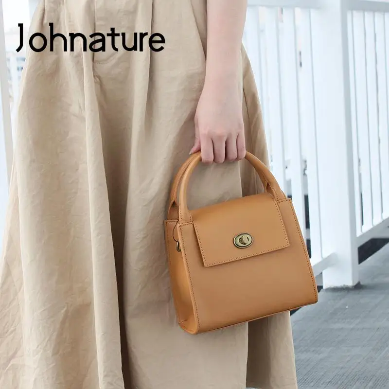 Johnature Simple Solid Color Women Bag 2022 New Genuine Leather Versatile Handbag Leisure Natural Real Cowhide Shoulder Bags