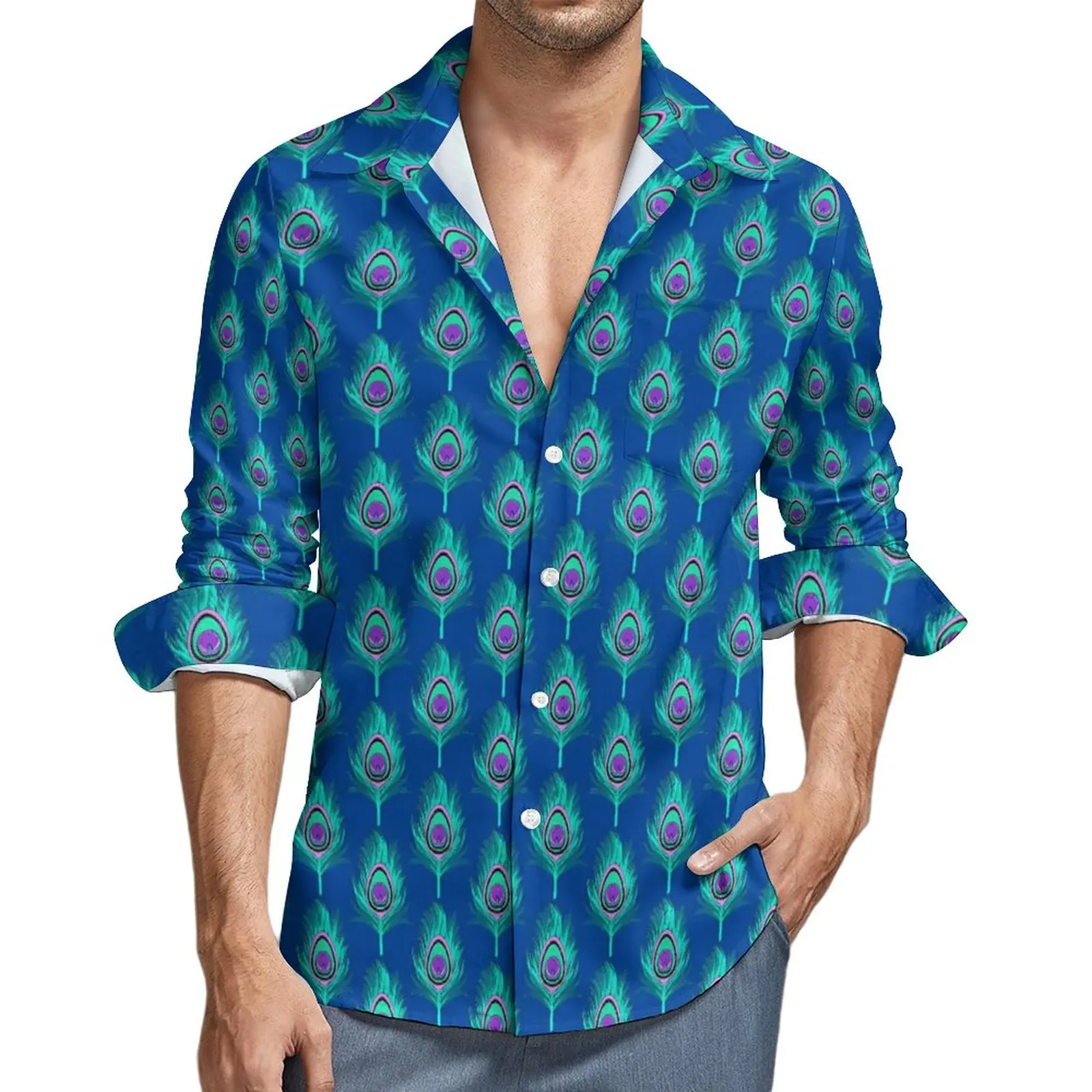 

Рубашка мужская с принтом синего павлина и перьев, Повседневная Блузка с графическим принтом, модный топ оверсайз с длинным рукавом, в уличном стиле, на весну