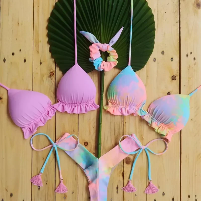 

3 Piece Biquini Pink Bikini Women Beach Outing Swimwear Floral Print Bikini Set Biquinis Feminino Maio Thong Bikinis Swimsuit