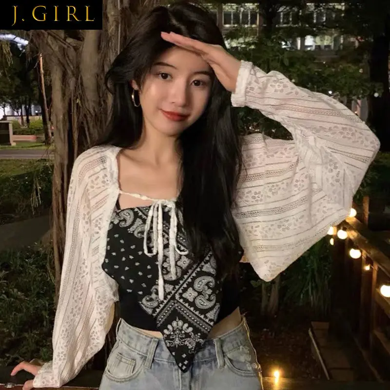 

Shrugs Women Elegant Design Hollow Out Sexy Sun-proof Cardigan Belt Long Sleeve Bolero Gentle Crop Tops Femme Chic Shawl Summer