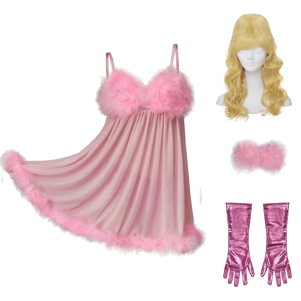

Austin Powers Fembot Cosplay Costume Suspender Skirt Gloves Panties Pink Sexy Mini Dress Women Feather Suspender Dress wig