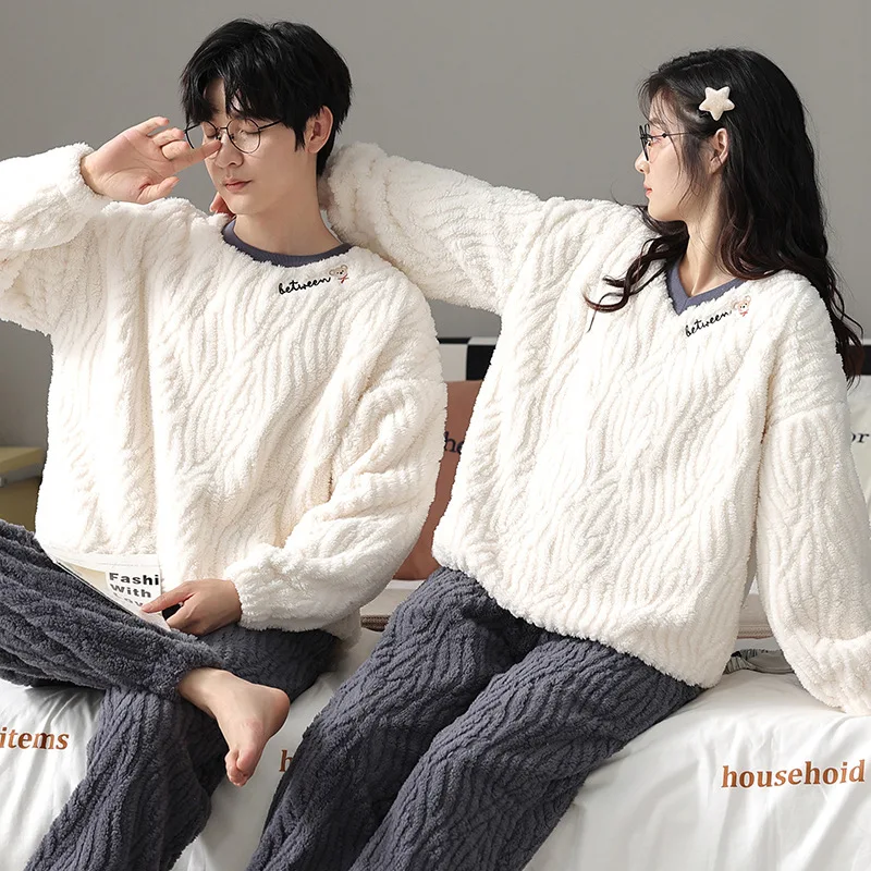 Yasuk Winter Fashion Women's Men Casual Warm Soft Stripe Pullover Sleepwear Pajamas With Pants Velvet Fleecel Couple Unisex Bear