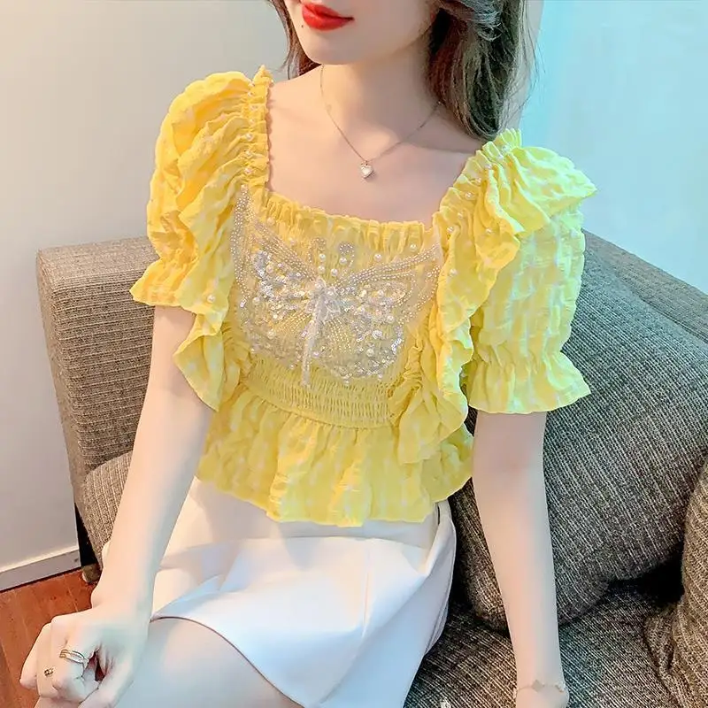 

Blouse female summer new Korean casual sweet heavy work beaded rhinestone bowls short sleeve square collar blouse female tops