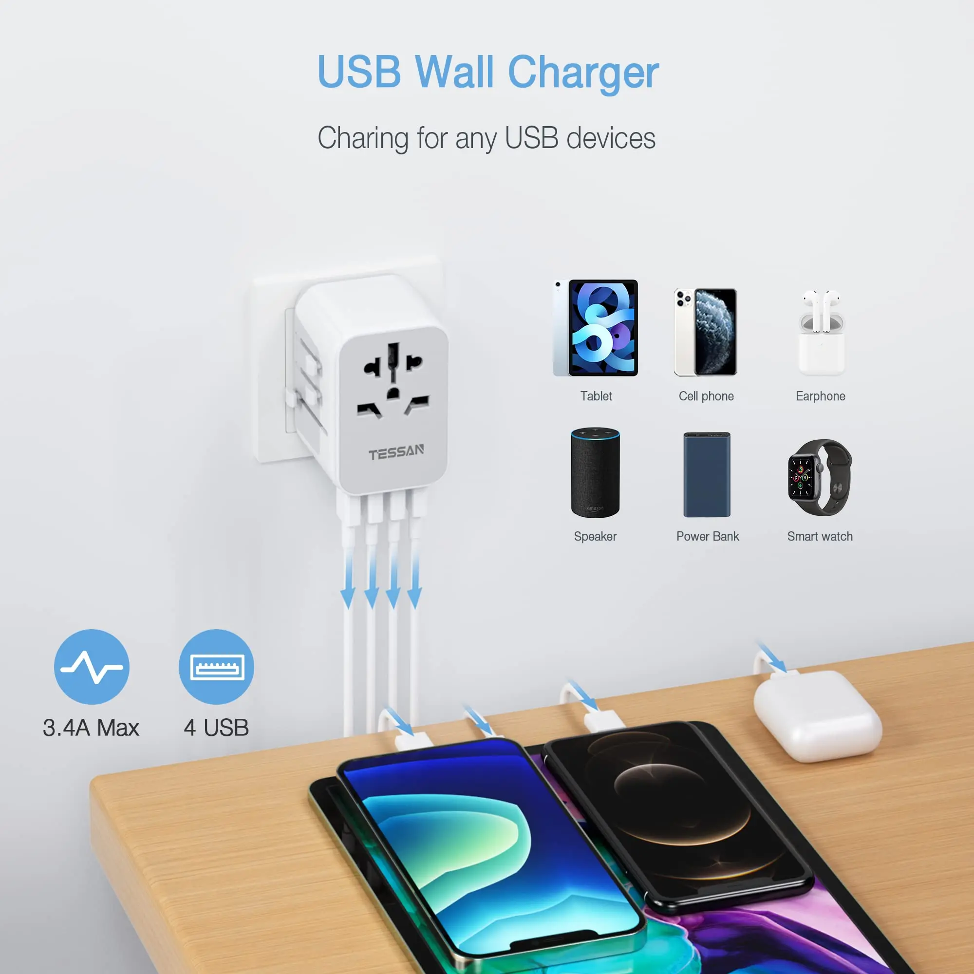 Универсальный дорожный адаптер TESSAN переходник с международной вилкой настенный