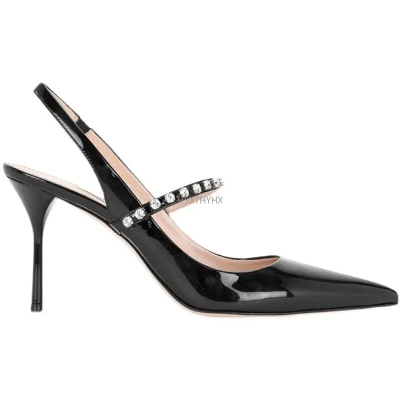 

2022 New Crystal Sandals Women's Summer Temperament Nude Shoes Sexy Slingback Pointed Thin Heels Rhinestone High Heels