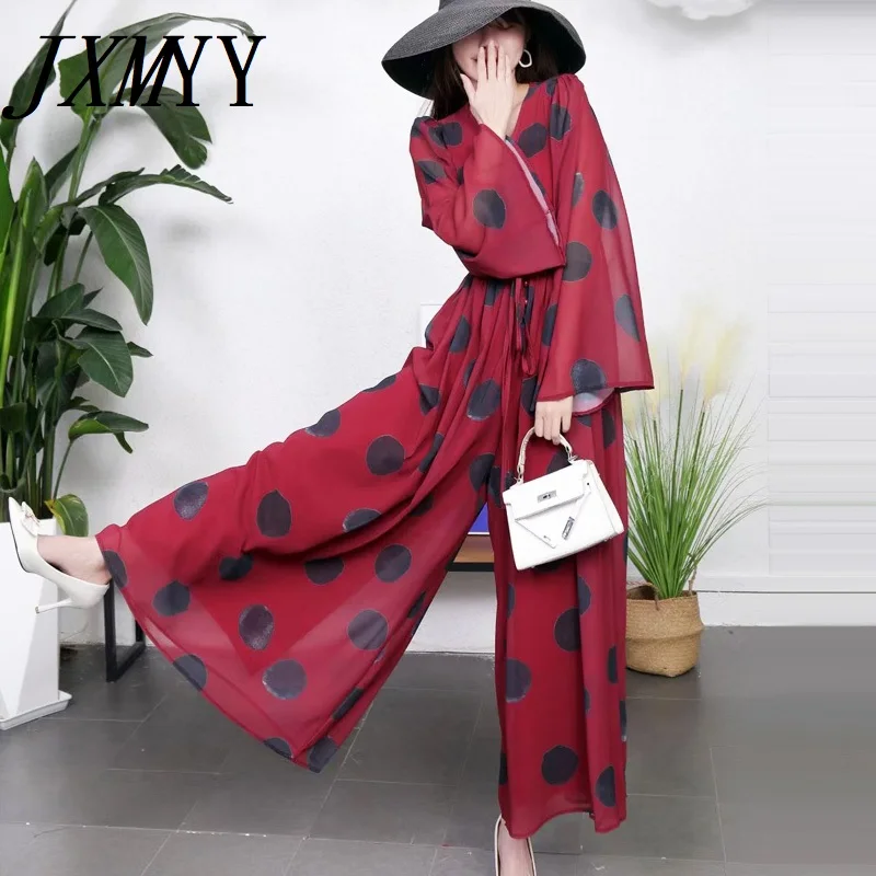 

2022 Spring And Summer Fashion Temperament Trumpet Sleeve Polka Dot Printed Jumpsuit Retro Style Beach Wide Leg Pants Jumpsuit