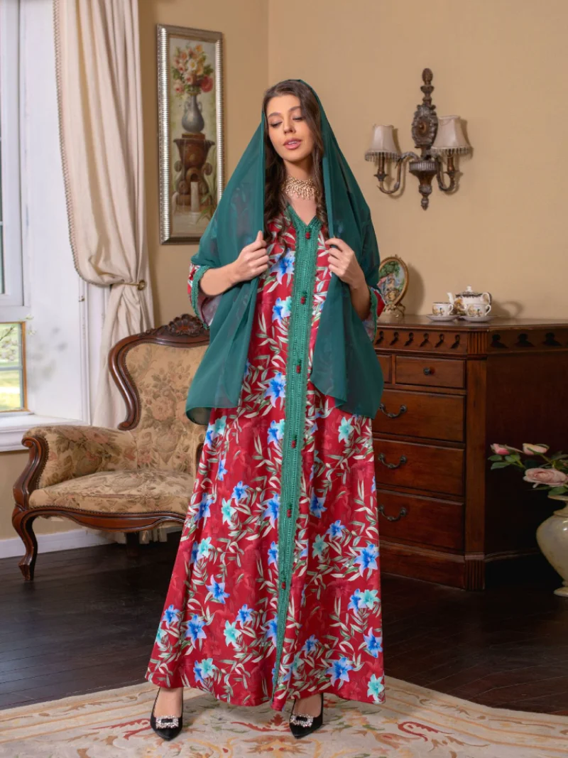 Eid Muslim Women Abaya Morocco Party Dress Abayas Floral Print Elegant Prayer Long Sleeve Robe Ramadan Musulman Maxi Vestidos