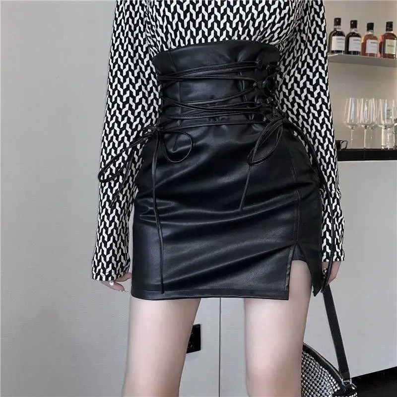 

Pu Leather Empire Gothic Women's Mini Beige Skirt Hippie Punk Lace-up 2022 Fashion Solid Split Hem Sexy Short Skirts Faldas New