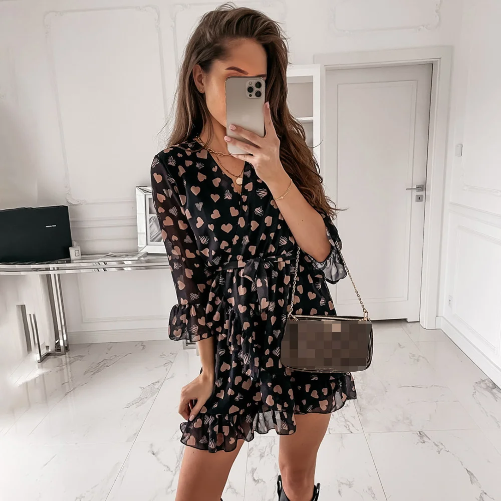 

Новинка года, Осеннее женское повседневное шифоновое мини-платье с оборками, весеннее элегантное офисное платье с длинным Расклешенным рукавом и V-образным вырезом и милым принтом