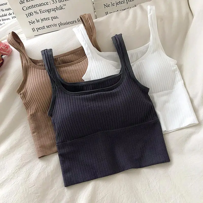 

Seamless Crop Top Women Underwear Wire-Free U-Shaped Camisole Wide Straps Striped Solid Bralette Lingerie One-Piece Tube Tops