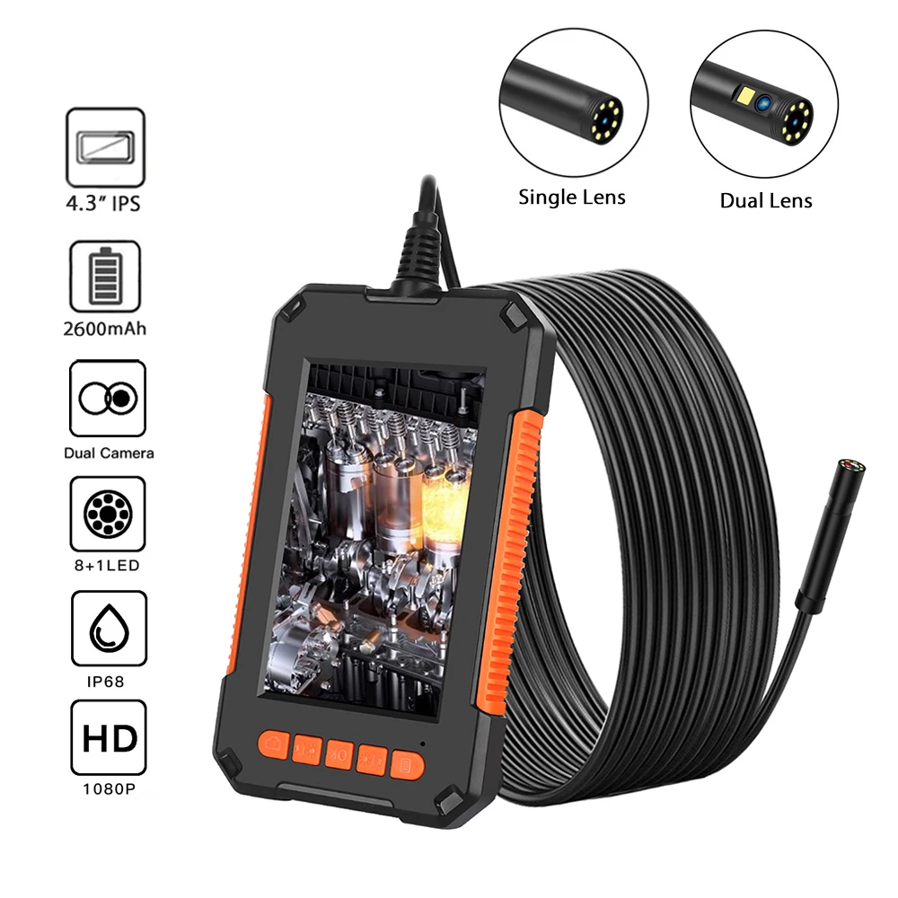 

1080P Dual / Single Lens Industrial Endoscope Camera with 4.3" IPS Screen IP67 Waterproof Car Pipe Inspection Borescope 2600mAh