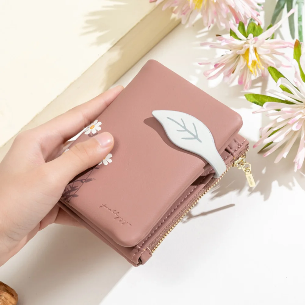 

Wallet for Girls Student Coin Purse Leaf Pattern Hasp Ladies Purse Soft PU Leather Small Short Wallets Female Zipper Money Bag