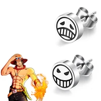 anime one piece earrings portgas d ace cosplay unisex happy unhappy face titanium steel ear studs jewelry accessories prop