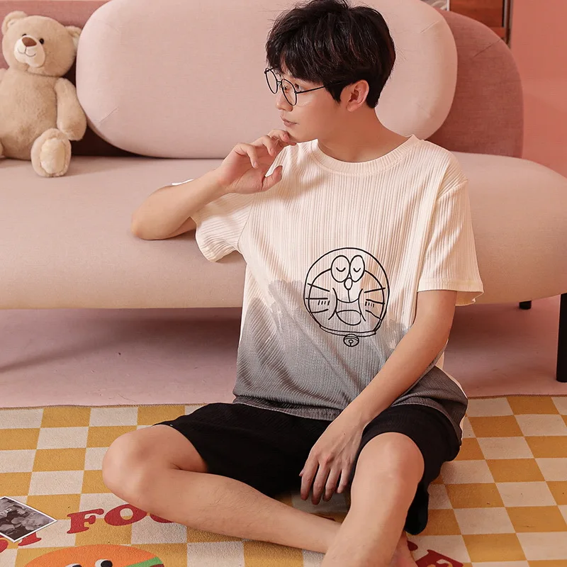 Men Summer Short Sleeve Pajama Sets Breathable Organic Cotton Soft Confort Leisure Home Causal Male Sleepwear