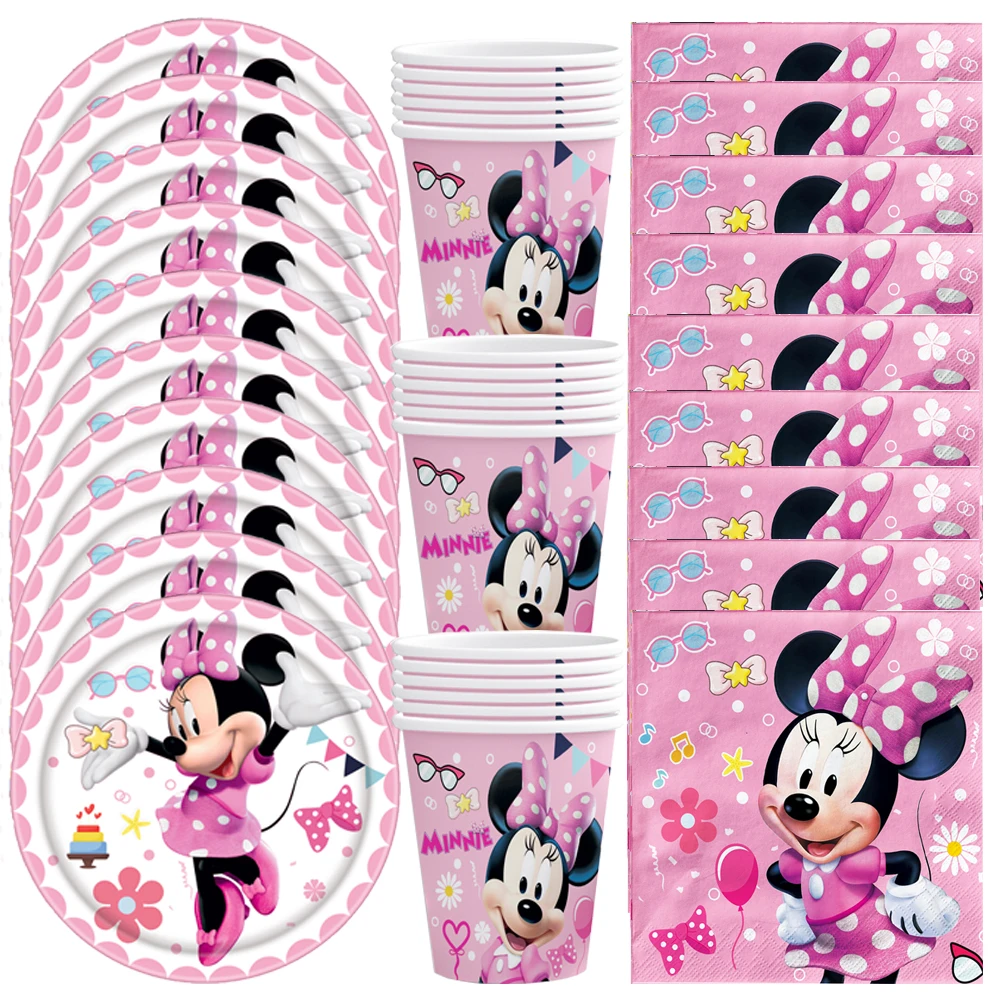 

Minnie Mouse Party Decorations Disposable Tableware Set Cup Plate Napkin Tablecloth Banner for Kids Girls Birthday Supplies