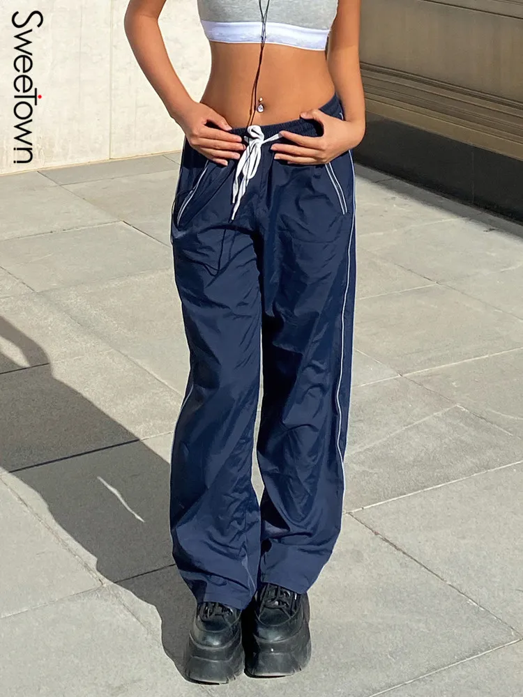

Sweetown Side Stripe Casual Y2K Sweatpants Drawstring Low Waist Hippie Harem Pants Women Korean Fashion Blue Streetwear Trousers