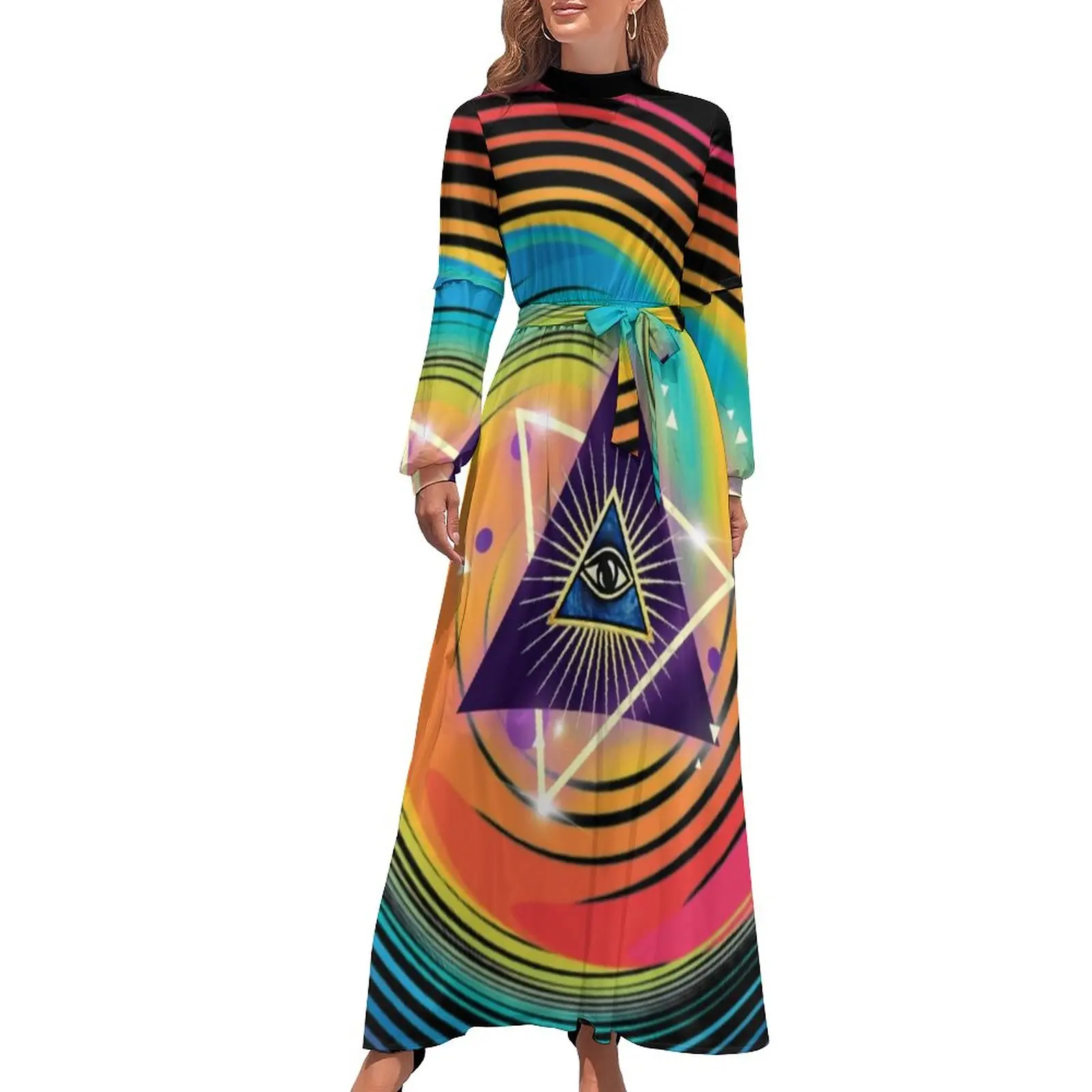 

Triangle Eyes Dress All Seeing Eye In Endless Dimensions Street Bohemia Dresses Long-Sleeve High Neck Elegant Long Maxi Dress