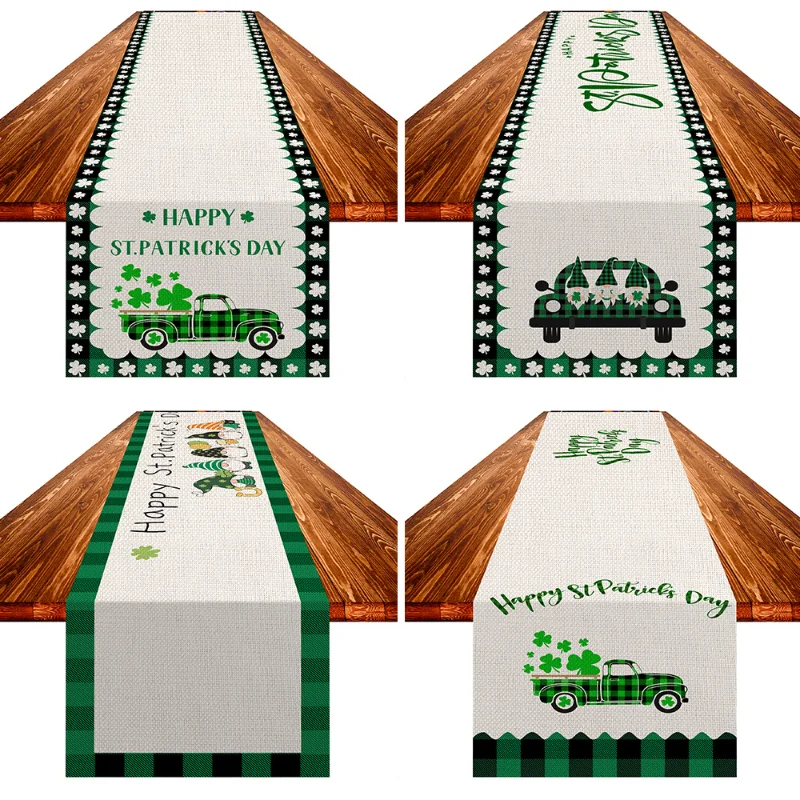 

New St. Patrick's Day Table Flag Linen Truck Gnome Table Runner Green Letter Four-leaf Clover Print Decorative Accessories 2023