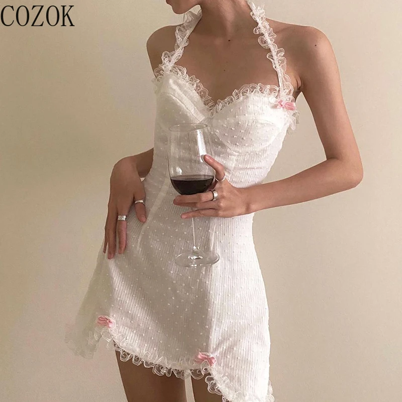 

COZOK French Style Girlish Style Bow Lace Stitching Halter Dress Fairy Dress Waist-Tight A- line Skirt Skirt