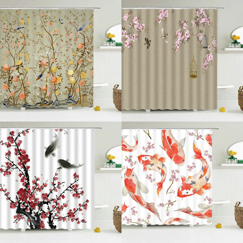 

Green Tropical Plant Shower Curtain Cherry Blossoms Bird Carp Polyester Waterproof Mildew Leaf Print Bathroom Curtains Sets