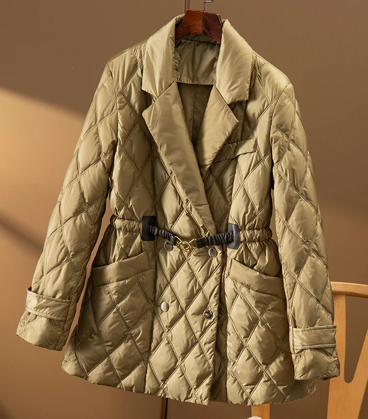 New 90% White Goose Down Office Lady Autumn/Winter  Casaco Feminino Inverno 2022 Design Covered Button Thin Adjustable Waist