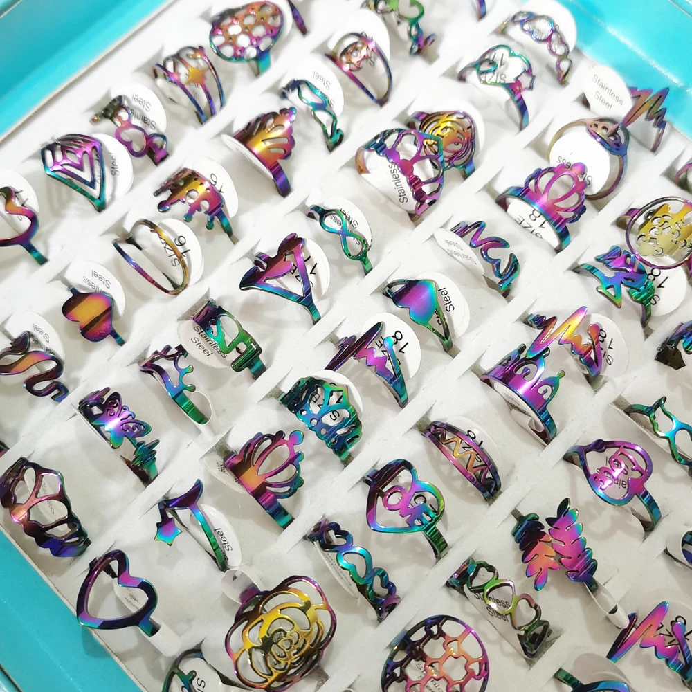 

Wholesale Bulk 40pcs/Lot Women's Jewelry Rings Rainbow Mix Style Cute Lovely Aninal Heart Colorful Stainless Steel Initial Ring