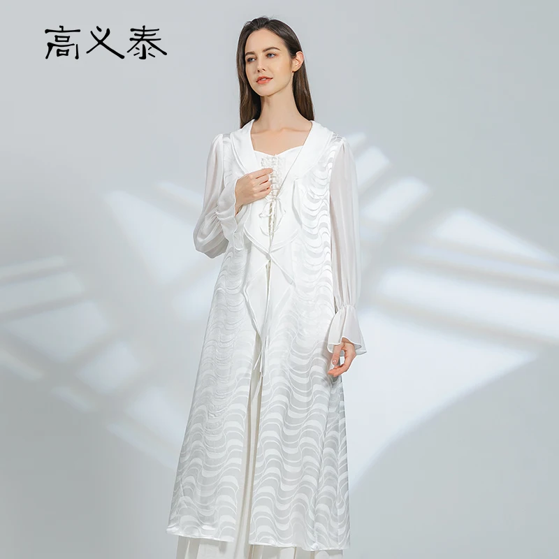 

High End 100% Silk Doll Neck Tie Stitching Georgette Silk Horn Long Sleeve Straight Crescent Jacquard Cardigan Trench Coat FY037