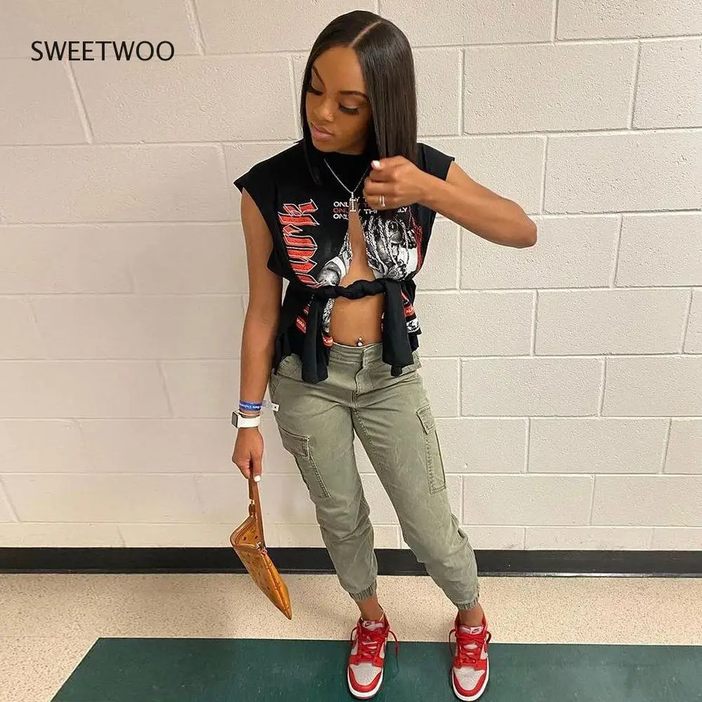 

Graphic T Shirts Streetwear 2022 Summer Clothes Women Asymmetrical Split Cut Out Sleeveless Crop Tops Fashion Tide Chic