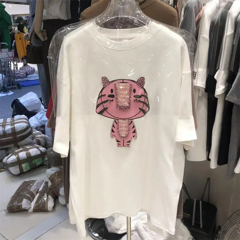 

Утепленная футболка с начесом и коротким рукавом для мужчин и женщин, свободная одежда с мультяшным розовым тигром для весны и лета 2022