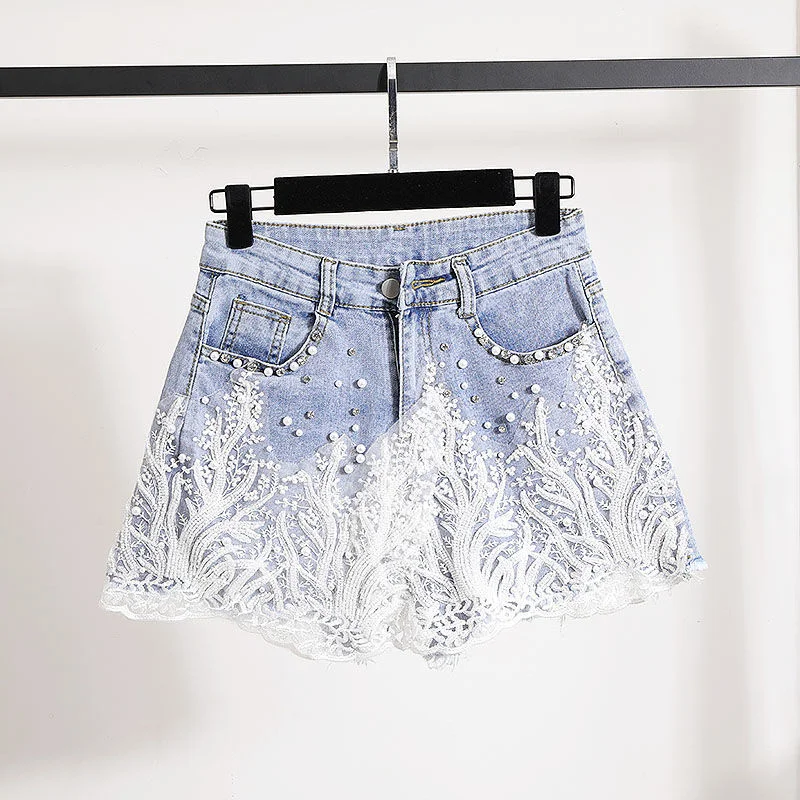 Summer Beads Rhinestones Lace Flower Ladies Denim Shorts Women European High Waist Washed Hot Pants Fashion Stretchy Jeans