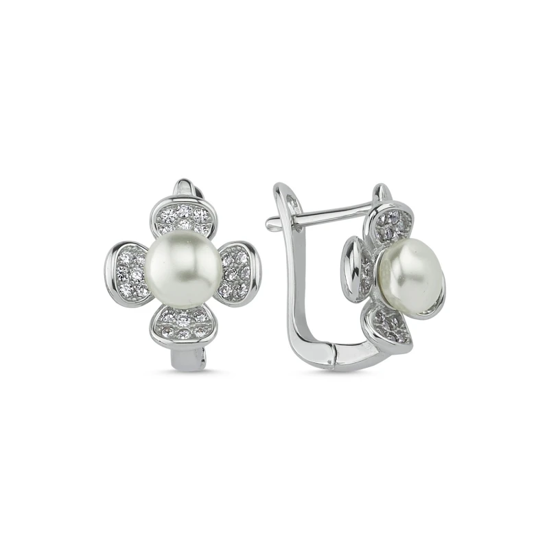 

Silver 925 Sterling Pearl & Zircon Crystal Daisy Earrings
