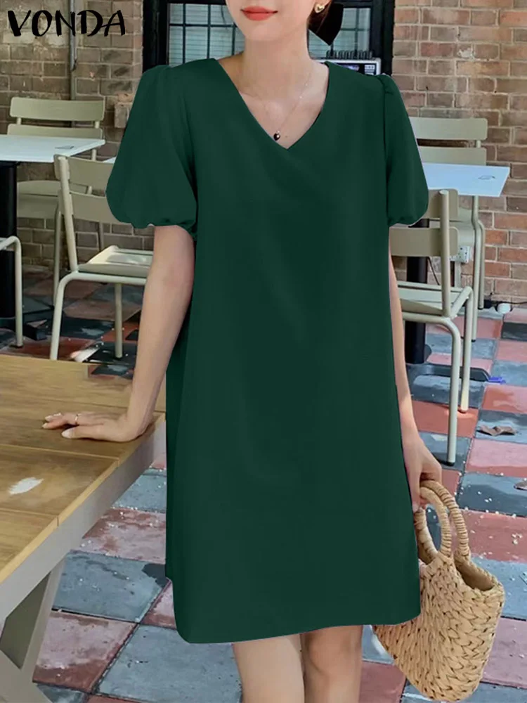 

VONDA 2023 Fashion Sundress Elegant Women Summer Sexy V-neck Short Puff Sleeve Mini Dress Casual Solid Color Party Robe Femme