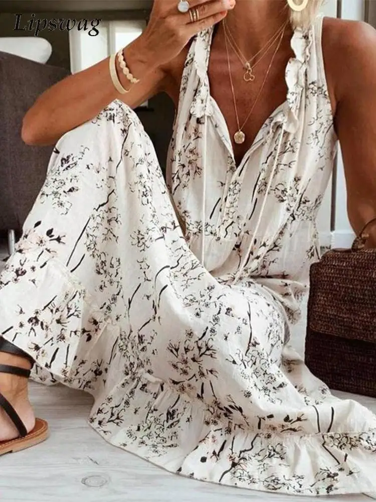 

Женское вечернее платье с принтом, элегантное привлекательное пляжное платье без рукавов, офисное модное платье с V-образным вырезом и обор...