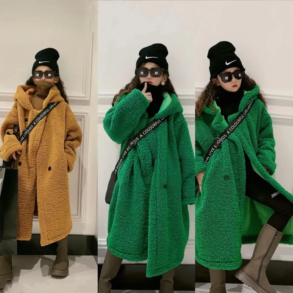 

2022 Wool Coat Warm Winter New Sheep Shearing Plush Warm Outerwear Real Lambswool Cashmere Kids Hooded Fur Jackets Overcoat R11