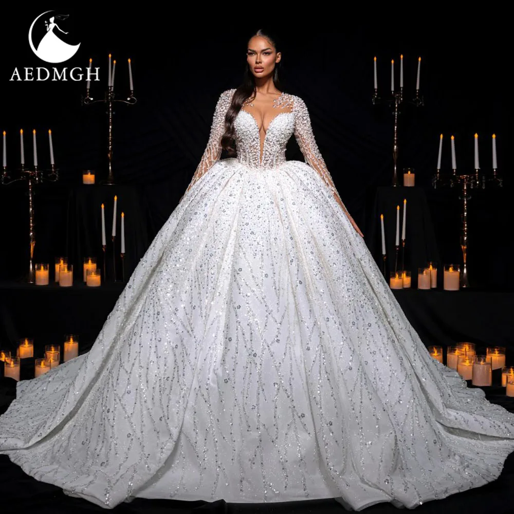 Фото Бальное платье Aedmgh, роскошные свадебные платья, зубчатое платье Vestido De Novia, кружевное, расшитое бисером и блестками, королевское винтажное свадебное платье на заказ №1