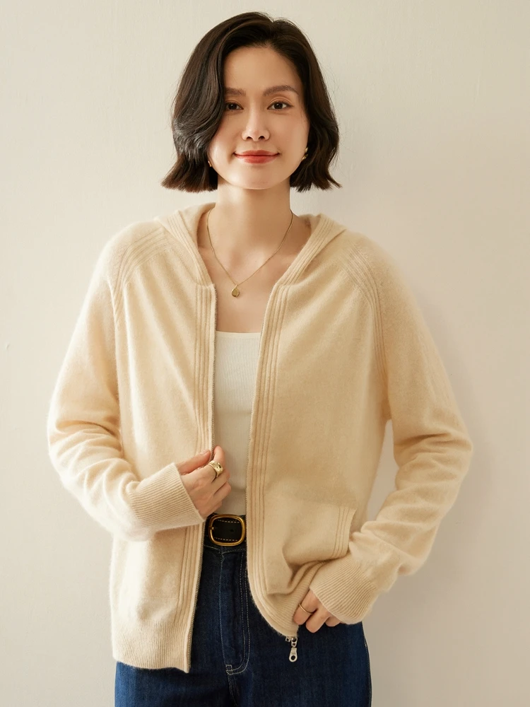 ANGE Высококачественная женская кашемировая толстовка с капюшоном на молнии