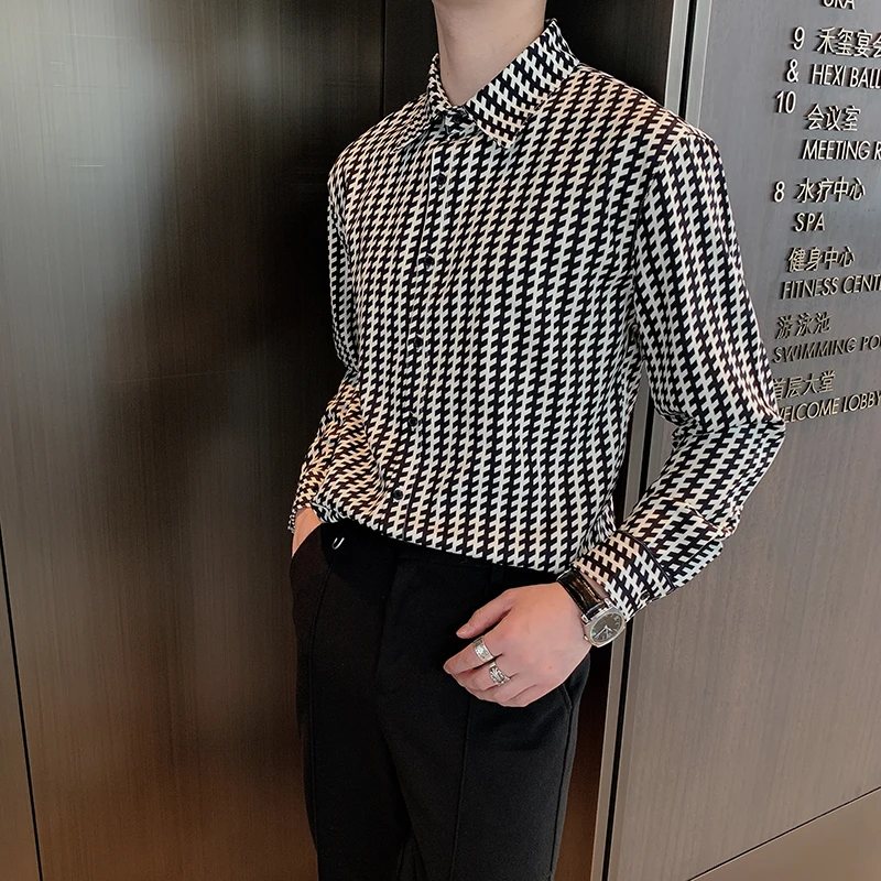 Autumn Houndstooth Shirts for Men Loose Streetwear Shirt Long Sleeve Casual Shirt Social Party Male Clothing Camisas Para Hombre